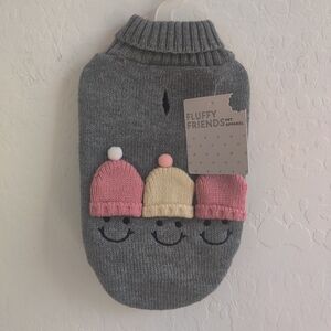 🆕 Fluffy Friends Gray Knit Dog Sweater with Pink & Cream Pom Hat Accents_XS